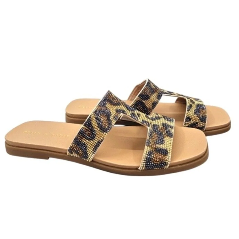 Kelly &‎ Katie Frillian Leopard Rhinestone Slide Sandals Tan Women's9M